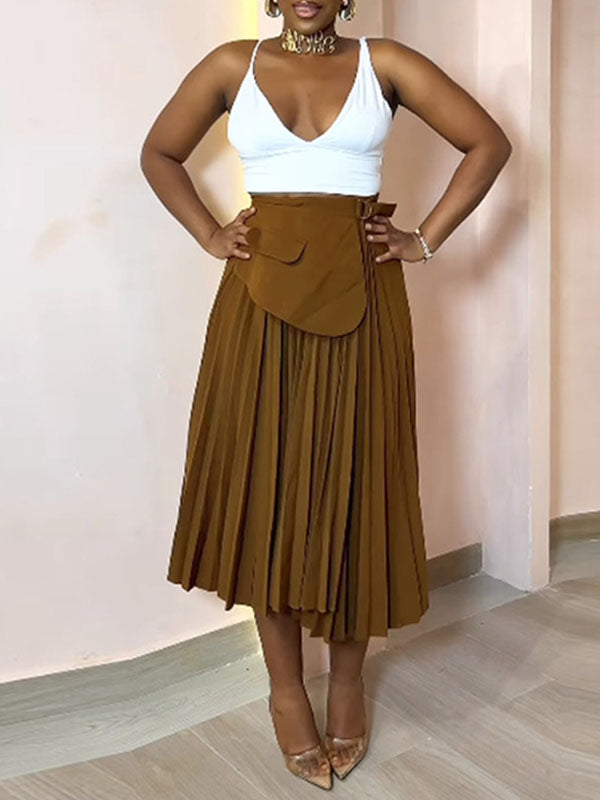 Asymmetric Pleated Solid Color Split-Joint A-Line High Waisted Skirts Bottoms