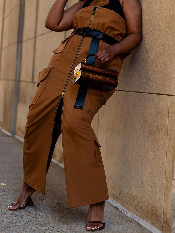 Belted Pleated Pockets Split-Back Split-Front Split-Joint Zipper Loose Skirts Bottoms