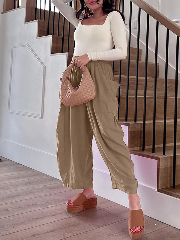 Drawstring Elasticity Pleated Pockets Solid Color High Waisted Loose Trousers Ninth Pants