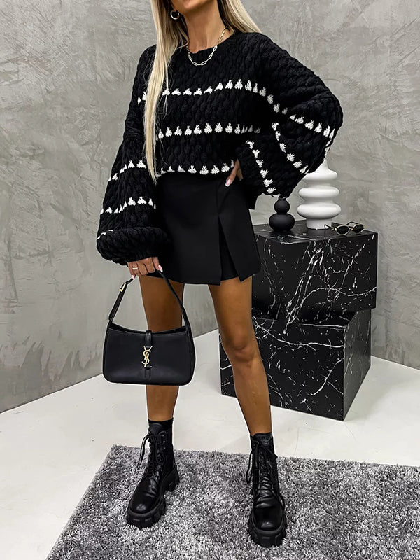Split-Joint Loose Puff Sleeves Round-neck Sweater Tops