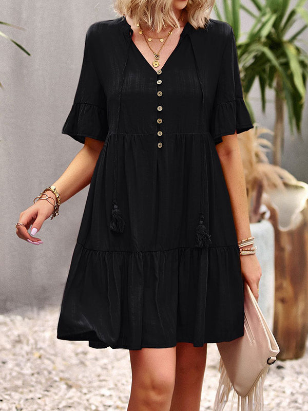 Falbala Loose V-Neck Mini Dresses