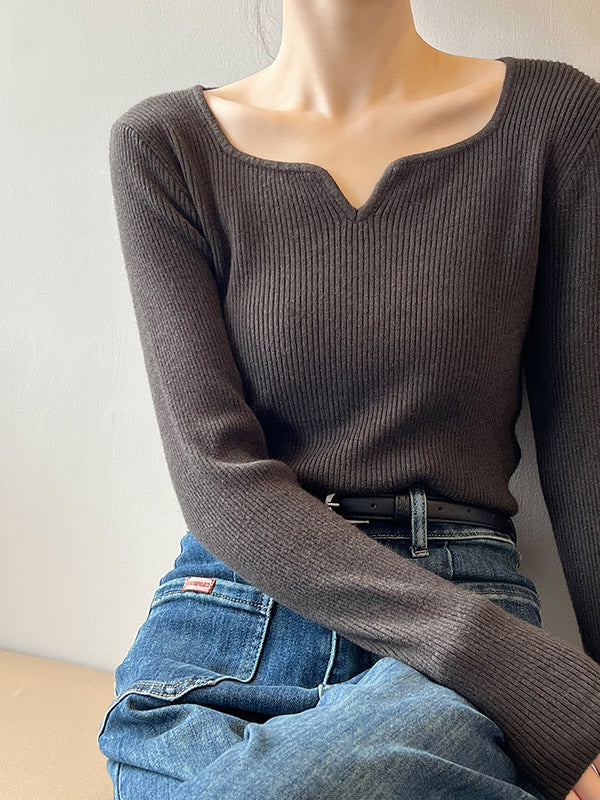 Urban Skinny Long Sleeves Elasticity Solid Color V-Neck Sweater Tops Pullovers