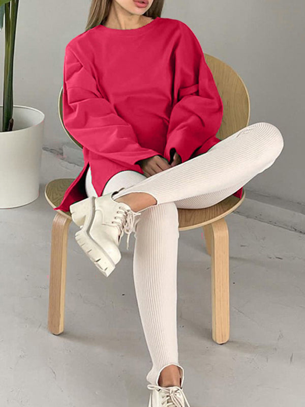 Solid Color Split-Joint Split-side High-low Long Sleeves Round-neck T-shirts