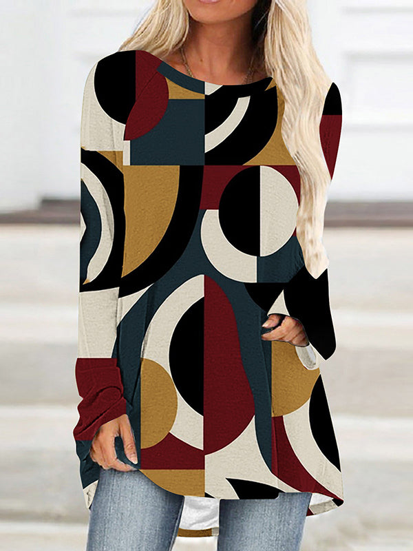 Contrast Color Printed High-Low Long Sleeves Round-Neck T-Shirts Tops