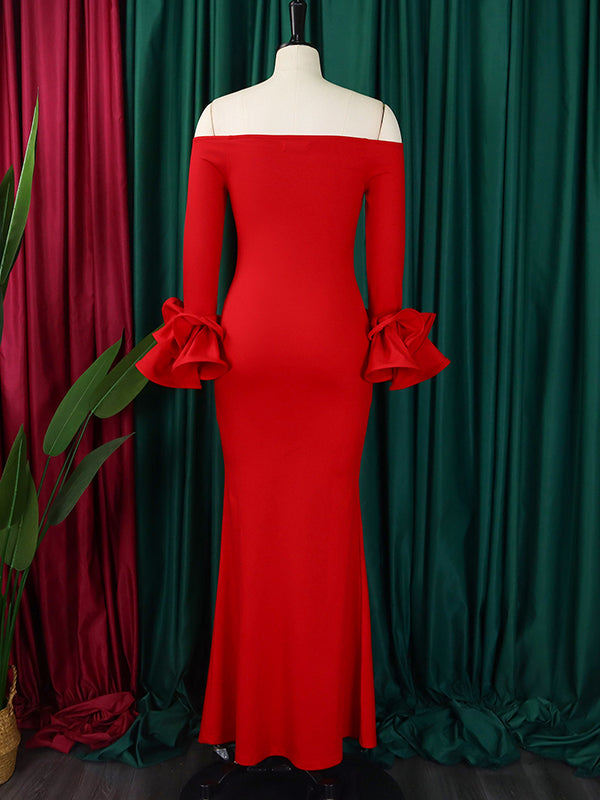 Falbala Solid Color Split-side Bodycon Flared Sleeves Off-the-shoulder Maxi Dresses