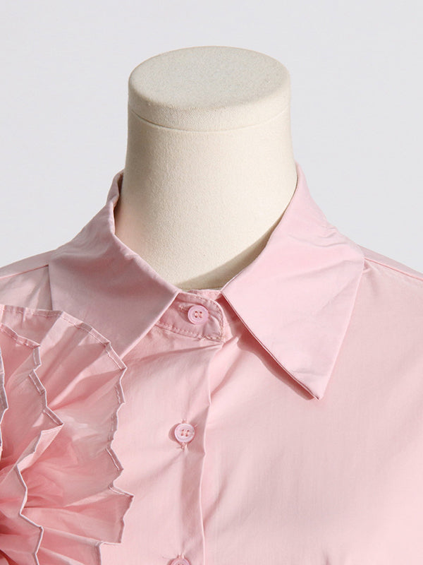 Asymmetric Buttoned Pleated Solid Color Split-Joint Three-Dimensional Flower Long Sleeves Loose Lapel Blouses&Shirts Tops