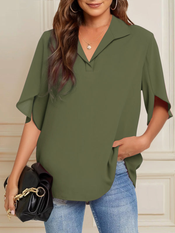 Pleated Solid Color Flared Sleeves Loose Lapel Blouses&shirts Tops