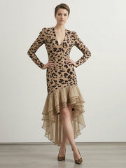 Bodycon High-Low Contrast Color Leopard Ruffled Split-Joint Deep V-Neck Midi Dresses