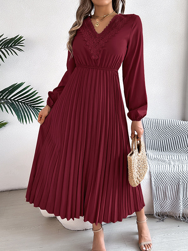 Pleated Solid Color Elasticated Waist High Waisted V-neck Midi Dresses