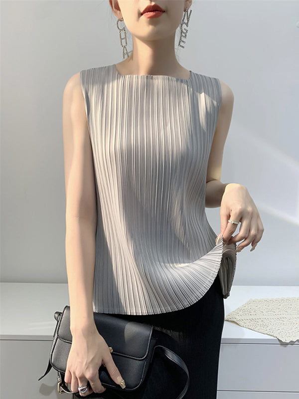 Pleated Solid Color Split-Joint Loose Sleeveless Square-Neck Vest Top