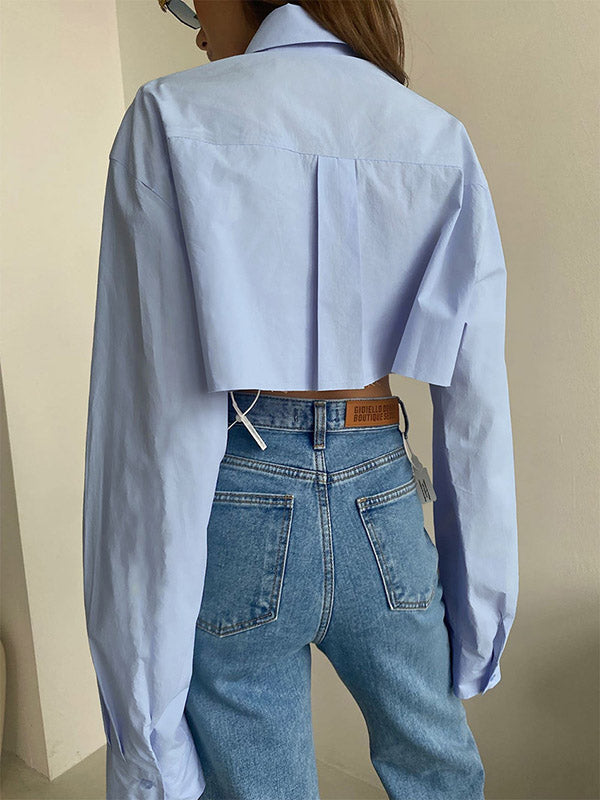 Asymmetric Buttoned Pockets Solid Color Split-Joint Long Sleeves Loose Lapel Blouses&Shirts Tops