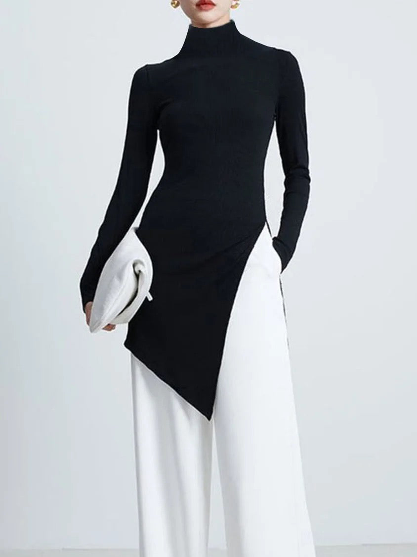 Long Sleeves Skinny Asymmetric Solid Color High Neck T-Shirts Tops