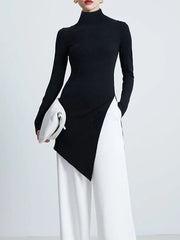 Long Sleeves Skinny Asymmetric Solid Color High Neck T-Shirts Tops