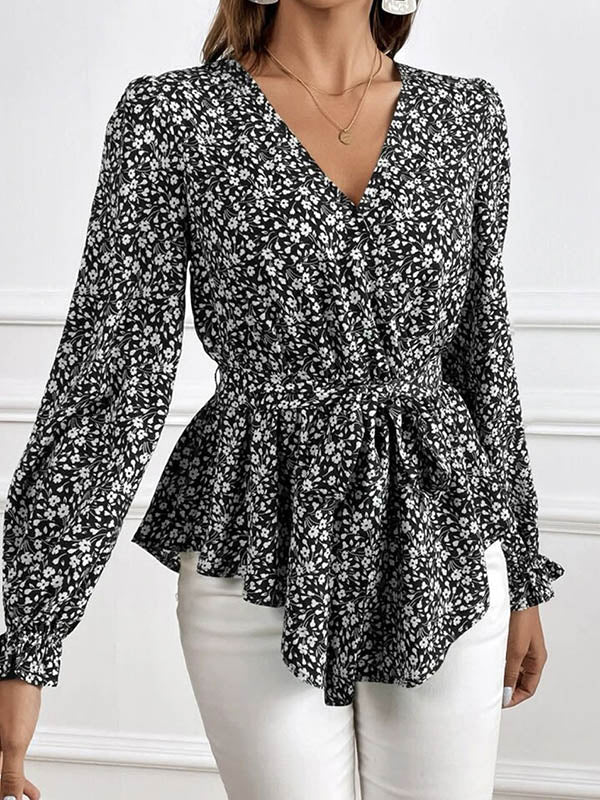 Flower Print Tied Waist Flared Sleeves Long Sleeves V-Neck Blouses&Shirts Tops