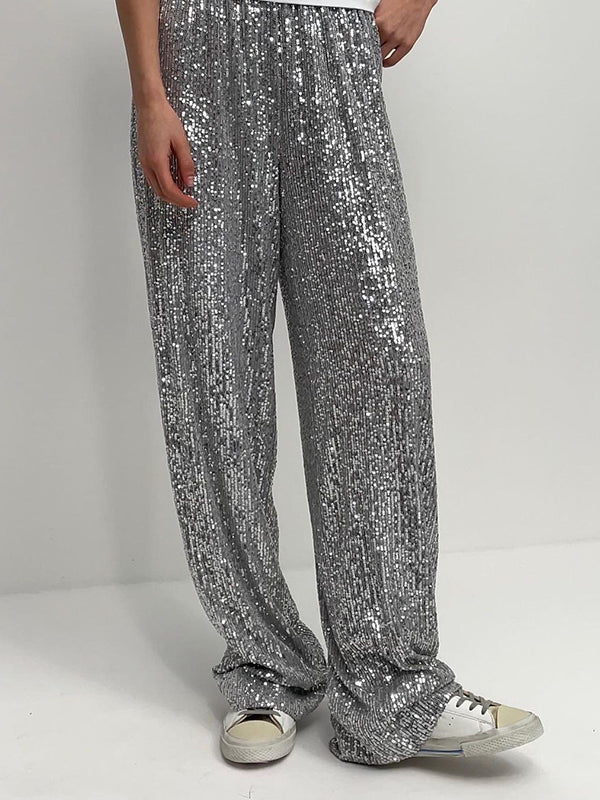 Elasticity Sequined Shiny Split-Joint Loose Straight Leg Trousers Pants