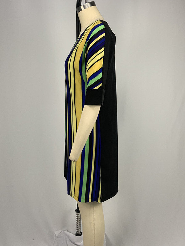 Asymmetric Contrast Color Striped A-line Half Sleeves Round-neck Mini Dresses