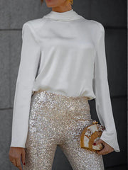 Backless Solid Color Long Sleeves Loose Heaps Collar Blouses&Shirts Tops