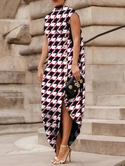 Asymmetric Buttoned Houndstooth Split-Joint Split-Side Loose Sleeveless Shawl Collar Maxi Dresses