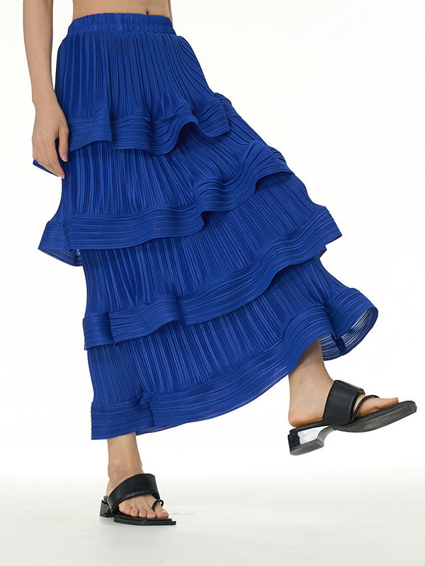 Elasticity Layered Pleated Ruffled Solid Color Loose Skirts Bottoms