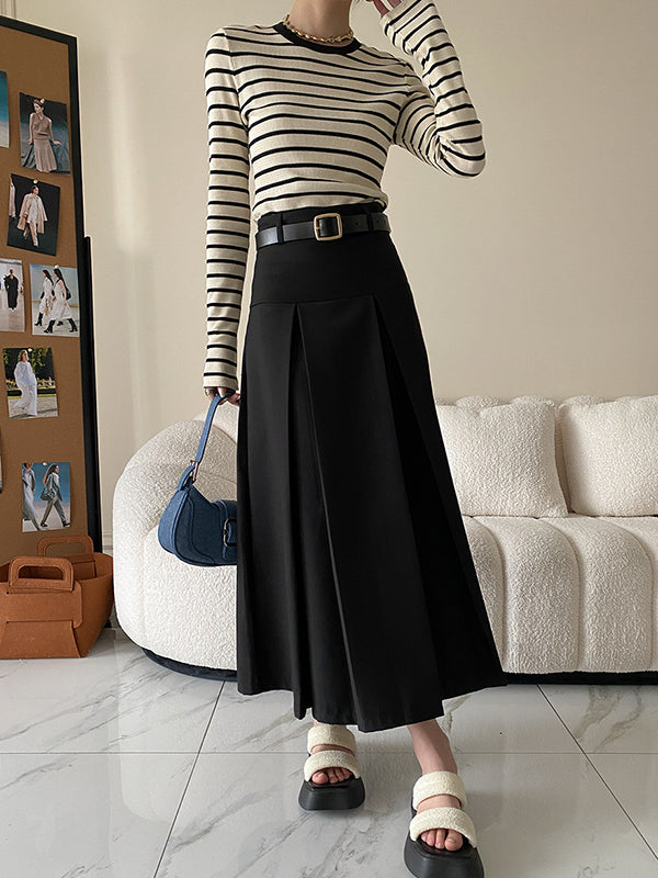 Contrast Color Striped Long Sleeves Skinny Round-Neck T-Shirts Tops