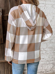 Buttoned Elasticity Plaid Split-Joint Long Sleeves Loose Hoodies Tops