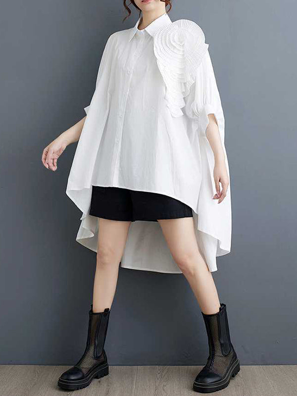 Asymmetric Buttoned Pleated Solid Color Three-Dimensional Flower Batwing Sleeves Half Sleeves Lapel Blouses&Shirts Tops