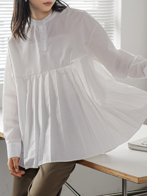 Buttoned Pleated Solid Color Long Sleeves Loose Round-Neck Blouses&Shirts Tops