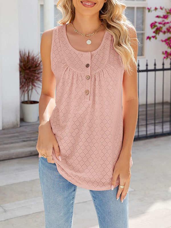 Buttoned Pleated Split-Joint Loose Sleeveless Round-Neck Vest Top