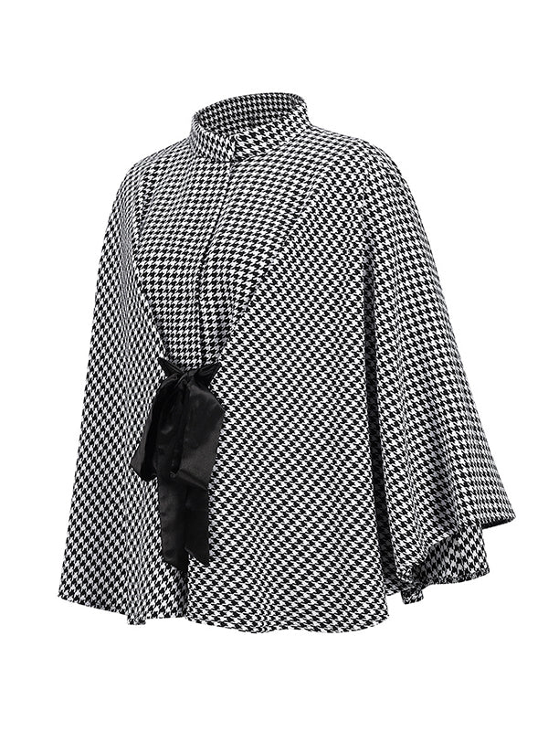 Houndstooth Tied Waist Batwing Sleeves Long Sleeves Stand Collar Outerwear Cape