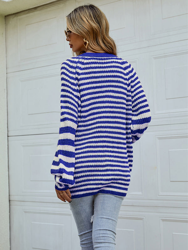 Casual Loose Long Sleeves Striped V-Neck Cardigan Tops