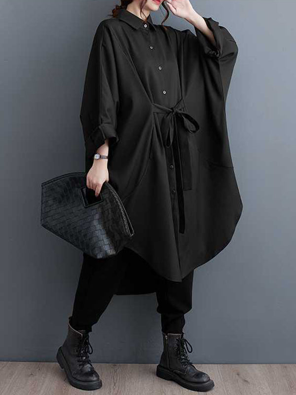 Buttoned Pleated Solid Color Split-Joint Tied Batwing Sleeves Long Sleeves Lapel Outerwear Midi Dresses