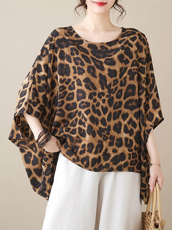 Leopard Batwing Sleeves Loose Round-Neck T-Shirts Tops