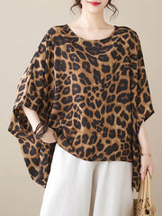 Leopard Batwing Sleeves Loose Round-Neck T-Shirts Tops