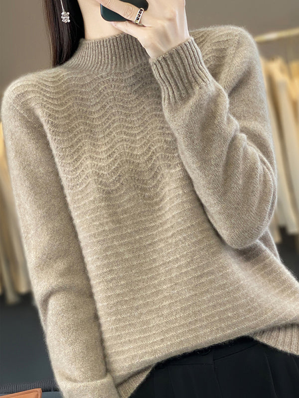 Solid Color Long Sleeves Loose Mock Neck Sweater Tops Pullovers