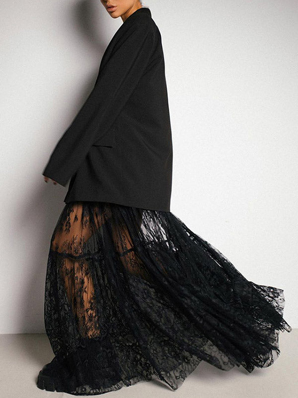 Gauze Pleated See-Through Split-Joint A-Line High Waisted Skirts