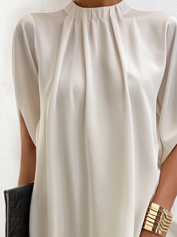 Loose Short Sleeves Solid Color Stand Collar Mini Dresses