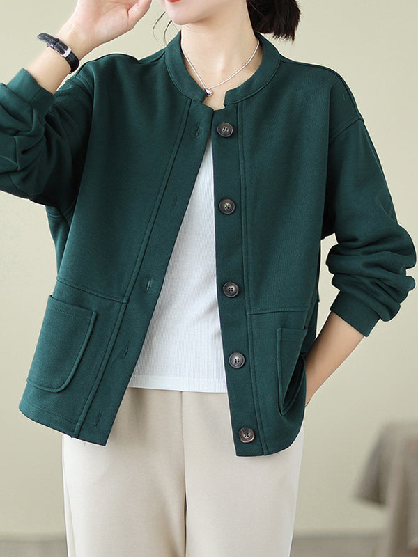 Buttoned Keep Warm Pockets Velvet Long Sleeves Loose Round-neck Outerwear
