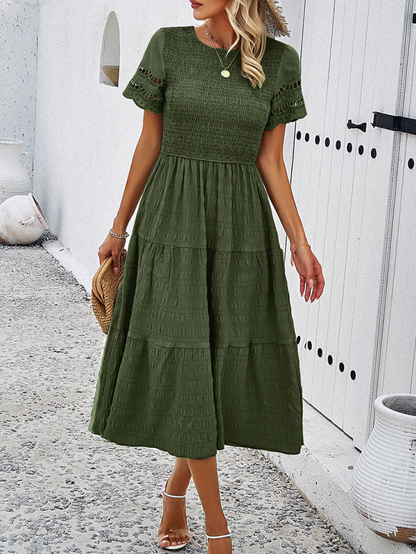 Elasticity Hollow Solid Color Split-Joint A-Line Loose Round-Neck Midi Dresses