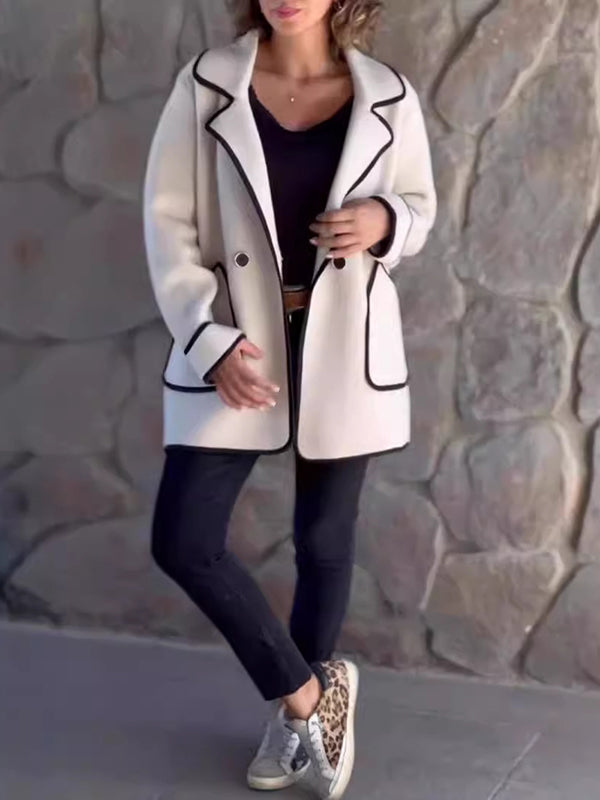 Buttoned Pockets Split-Joint Long Sleeves Loose Notched Collar Woolen Coat
