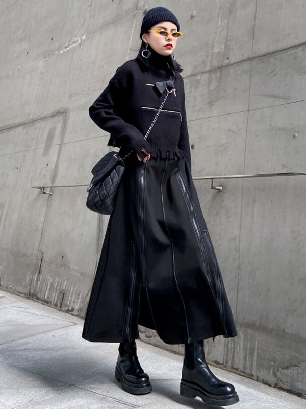 Solid Color Split-Joint Split-Side Zipper A-Line Irregularity Skirts Bottoms