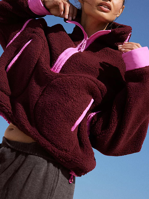 Split-Joint Velvet Zipper Long Sleeves Loose Stand Collar Sweatershirt