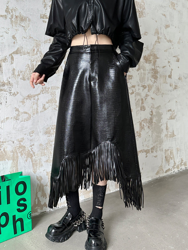 Asymmetric Buttoned Crocodile Texture Solid Color Tasseled A-Line Irregularity Skirts Bottoms