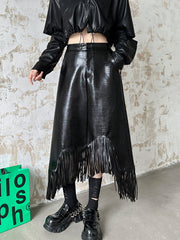 Asymmetric Buttoned Crocodile Texture Solid Color Tasseled A-Line Irregularity Skirts Bottoms