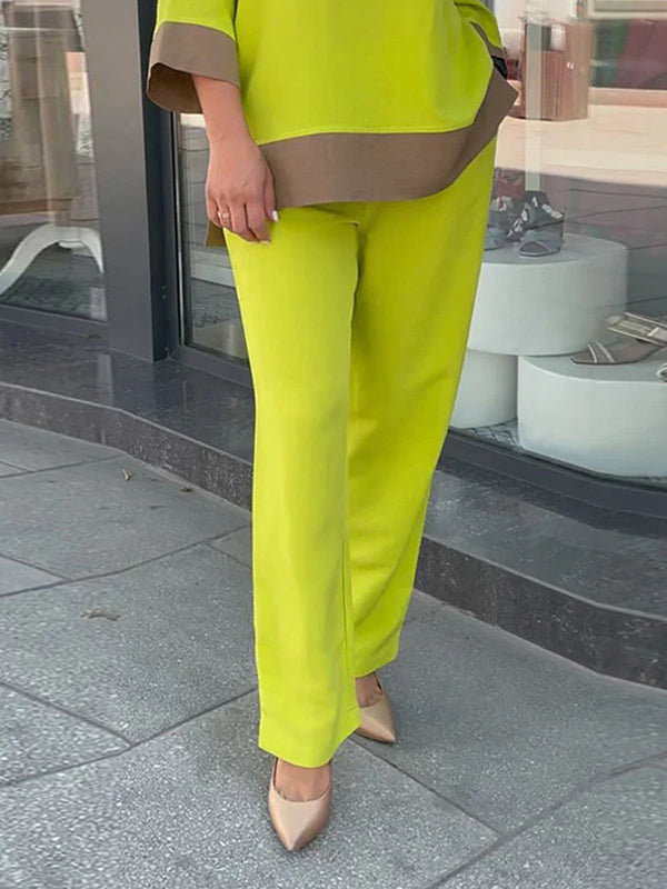 Loose Split-Side Three-Quarter Sleeves Contrast Color Round-Neck Shirts Top + Pants Bottom Two Pieces Set