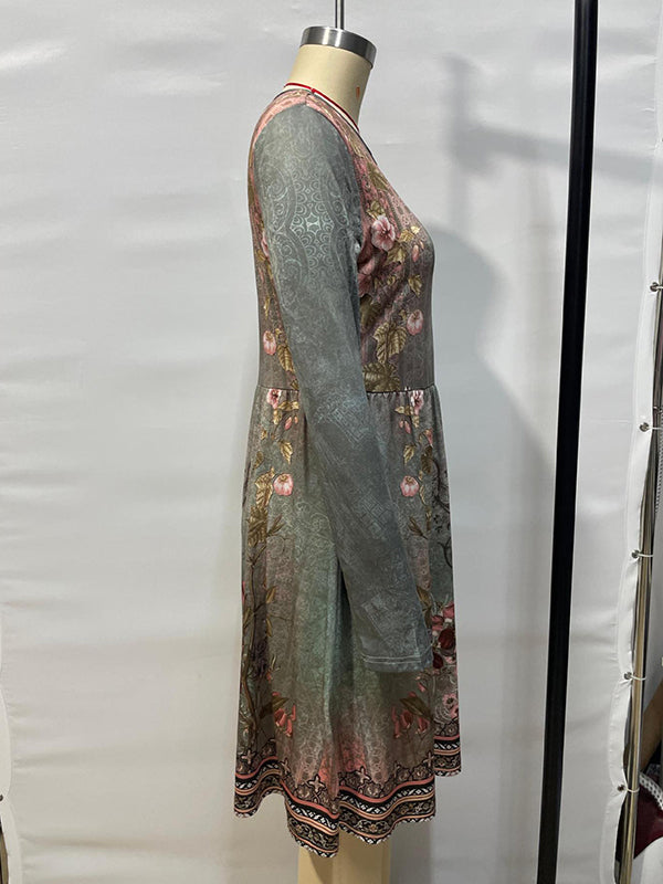 Flower Print Pleated Split-Joint A-line Long Sleeves Round-neck Mini Dresses