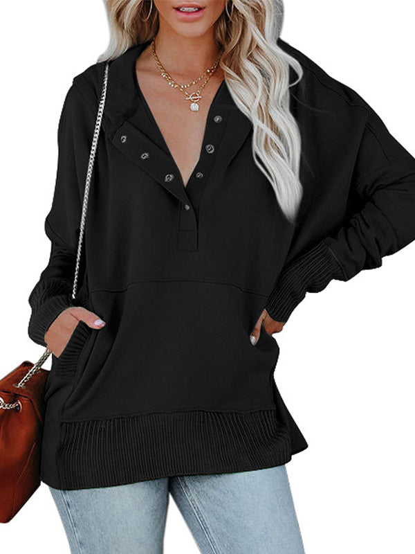 Buttoned Hooded Split-Joint Batwing Sleeves Long Sleeves V-Neck Hoodies Tops