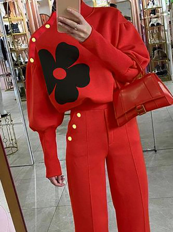 Buttoned Flower Print Split-Joint Long Sleeves Loose High Neck Sweatshirt Tops