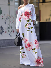 Loose Three-Quarter Sleeves Asymmetric Flower Print Pockets One-Shoulder Maxi Dresses