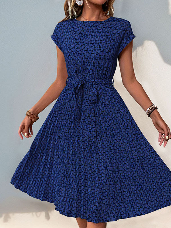 Printed Tied Waist Loose Raglan Sleeve Round-Neck Midi Dresses