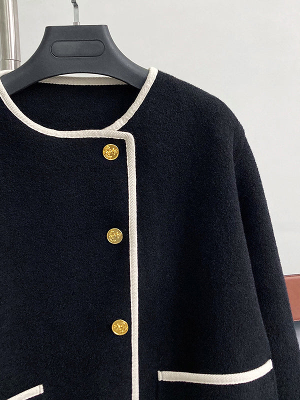 Asymmetric Buttoned Pockets Split-Joint Long Sleeves Loose Round-Neck Woolen Coat